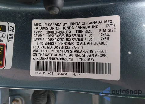 2013 Honda Cr-V Ex-L from USA, damaged, VIN 2HKRM4H76DH689751